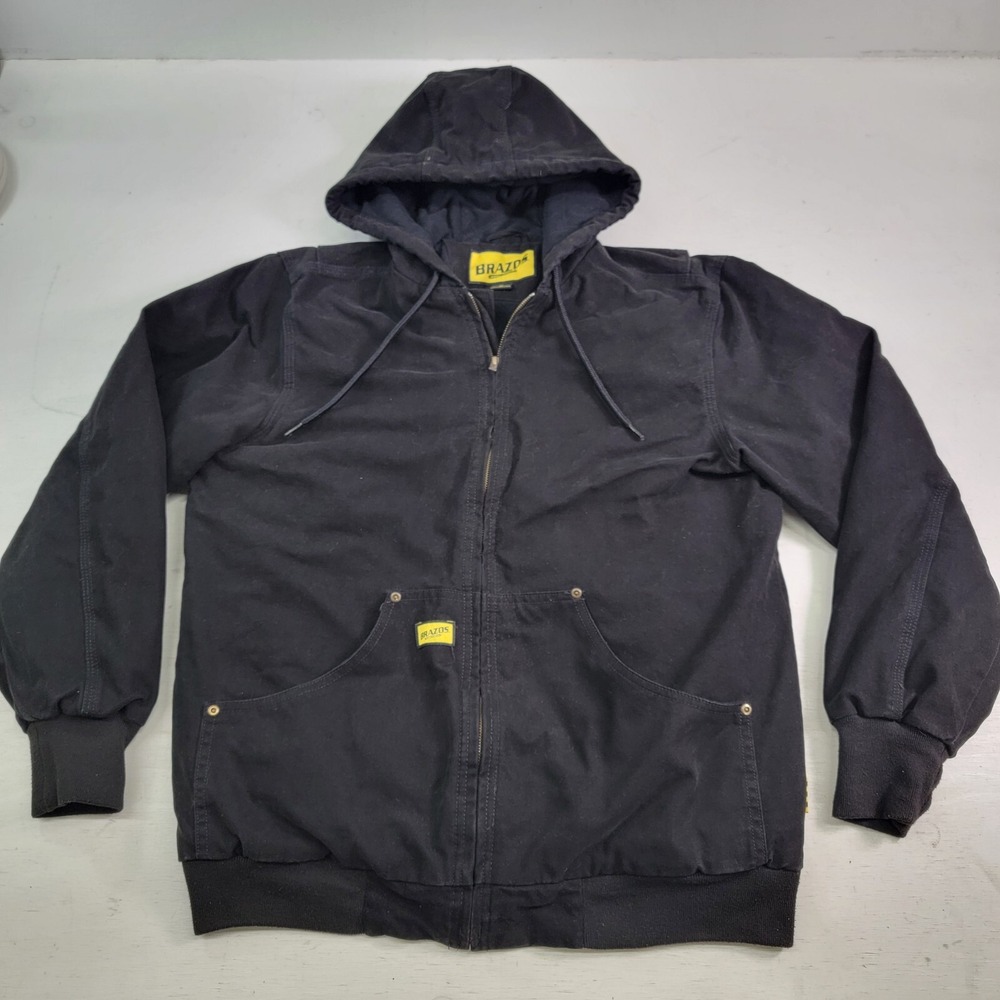 Brazos Work Force Series Black Canvas Jacket Mens Sz M Heavy Hooded Full Zip EUC